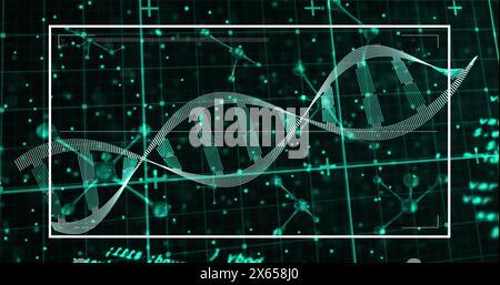 Immagine dell'elaborazione di dati scientifici su filamenti di dna su schermi digitali Foto Stock