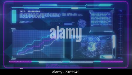 Immagine dell'interfaccia con elaborazione dati su più icone a freccia che si muovono su sfondo blu Foto Stock