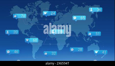 Immagine di più icone dei social media con un numero crescente di icone su una mappa mondiale su sfondo blu Foto Stock