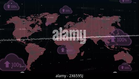 Immagine di più icone cloud con percentuale crescente sulla mappa mondiale su sfondo nero Foto Stock