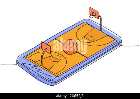 Concetto di basket online con una sola linea continua. Campo da basket isometrico, palla e scheda indicatore posizionati sullo schermo dello smartphone. Carrello online Illustrazione Vettoriale