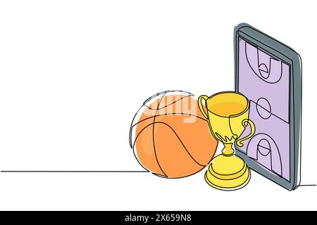 Linea singola continua disegnando un campo da basket su smartphone con coppa da basket e pallone da basket. Campionato di streaming sportivo mobile per giocare Illustrazione Vettoriale