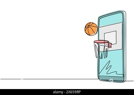 Smartphone con disegno a linea continua singolo con app basket e pallone. Smartphone con app basket. Campionato di streaming sportivo mobile per giocare Illustrazione Vettoriale