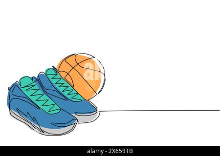 Una sola linea disegna scarpe da basket e palle da basket. Pallone da basket e stivali. Inventario sportivo. Per annunci su negozio sportivo, pittogramma di app, infogra Illustrazione Vettoriale