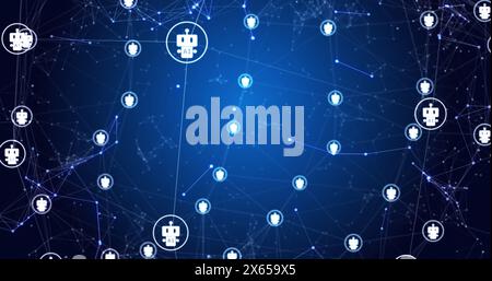 Immagine di punti e icone robot che si collegano con linee e si spostano su sfondo astratto Foto Stock