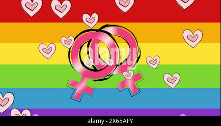 Immagine di icone del cuore e simboli femminili sullo sfondo arcobaleno Foto Stock