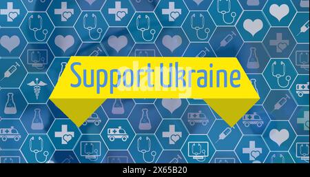 Immagine di Support ukraine su esagoni con icone Foto Stock