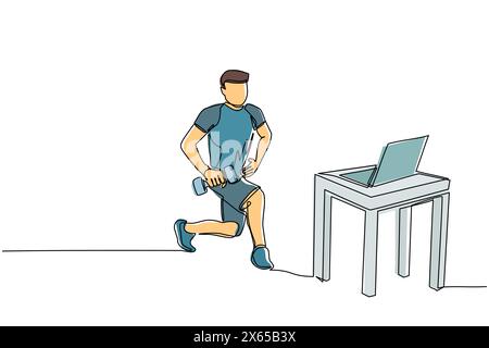 Un solo disegnatore che fa fitness a casa nelle lezioni online usando il suo laptop. Concetto di corso di fitness online. Allenamento sportivo online su notebook. Illustrazione Vettoriale