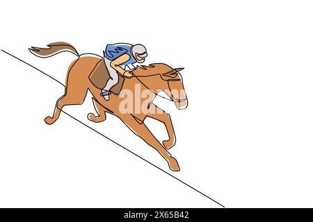 Linea singola continua che disegna un giovane fantino su cavallo. Corse di cavalli con fantino. Campione. Equitazione. Sport equestre. Jockey cavalcando il salto a cavallo. Illustrazione Vettoriale