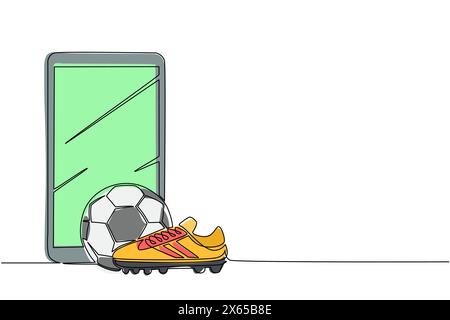 Linea singola continua disegnando smartphone, scarpe da calcio e pallone da calcio. Icona del calcio. Stivali da calcio. Inventario sportivo. Partite di calcio online Illustrazione Vettoriale