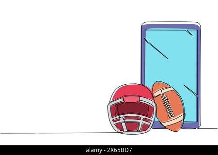 Linea singola continua disegnando casco da football americano e palla con smartphone. Partite sportive mobili. Partita di football americano online dal vivo Illustrazione Vettoriale