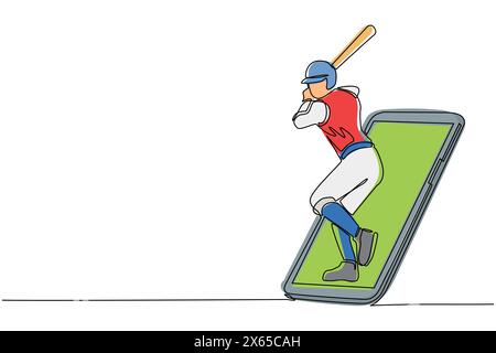 Una linea continua disegna uomo giocatore di baseball pronto a colpire la palla uscendo dallo schermo dello smartphone. Partite sportive mobili. ga. Baseball online Illustrazione Vettoriale