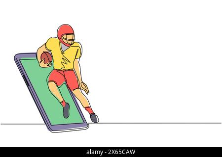 Linea singola continua che disegna un giocatore di football americano che corre fuori dallo schermo dello smartphone. Partite sportive mobili. Football americano online Illustrazione Vettoriale