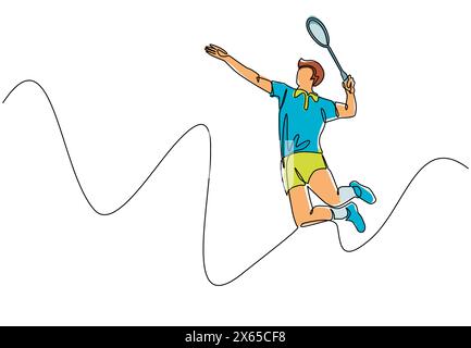 Linea singola continua che disegna il giovane uomo agile giocatore di badminton salta e rompe il rubinetto della navetta. Torneo di badminton. Esercizio sportivo concetto salutare Illustrazione Vettoriale