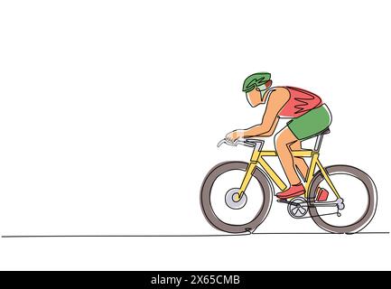 Una linea continua che disegna un giovane uomo energico ciclista migliora la sua velocità durante la sessione di allenamento. Concetto di ciclista da corsa. Sano sport ciclistico Illustrazione Vettoriale