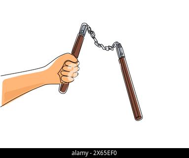 Singola linea continua che disegna le mani dell'uomo tenendo il doppio bastone. Nunchaku tradizionale arma di arti marziali di Okinawa. L'uomo pugni arma tagliata. Attivazione dinamica Illustrazione Vettoriale