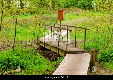 Passerella in legno attraverso un fossato come passaggio di frontiera tra belgio e Paesi Bassi vicino al villaggio di Meersel-Dreef Foto Stock