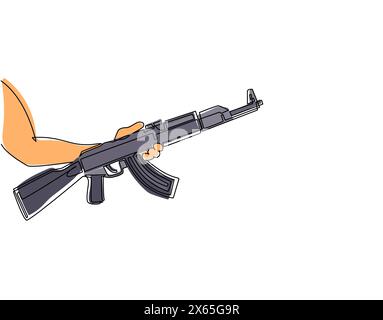 Linea singola continua che disegna la mano tenendo in mano il fucile d'assalto AK 47 kalashnikov. Concetto di terrorismo con armi da fuoco. Fucile automatico militare. O Illustrazione Vettoriale