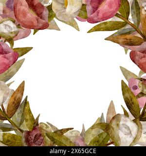 Cornice decorativa floreale di delicate peonie rosa e crema, modello per biglietti d'auguri e inviti, arte digitale disegnata a mano in stile acquerello Foto Stock