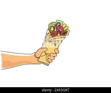 Una sola linea disegna a mano con cibo shawarma. Delizioso involtino arabo con carne, insalata e pomodoro. Kebab con pollo e cipolla. Per il menu del ristorante. Illustrazione Vettoriale