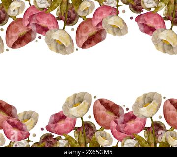 Cornice decorativa floreale di delicate peonie rosa e crema, modello per biglietti d'auguri e inviti, arte digitale disegnata a mano in stile acquerello Foto Stock