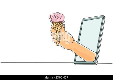 Linea singola continua che disegna a mano tenendo il gelato nel cono per waffle attraverso il telefono cellulare. Concetto di consegna di cibo online da parte di un ristorante. Applicato Illustrazione Vettoriale