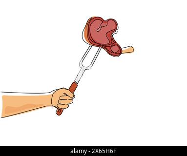 Una sola linea per disegnare a mano la bistecca sulla forchetta. Barbecue, pezzi di carne sulla forchetta che tiene a mano, carne di cibo, bistecca trafilata a mano. Ristorante grill per picnic Illustrazione Vettoriale