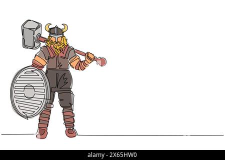Una sola linea che disegna il guerriero vichingo norseman barbaro che indossa un casco con corna e un martello che regge la barba e scudo su sfondo bianco isolato. Illustrazione Vettoriale