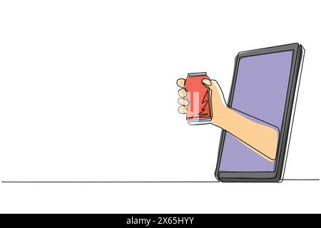 Una linea continua che tira la mano tenendo la lattina di bibite attraverso il telefono cellulare. Concetto di consegna di bevande da caffetteria online. Applicazione per smartphone. Illustrazione Vettoriale