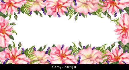 Splendida cornice rettangolare di fiori e foglie rosa rosehip. Acquerello rosehip. Un ramo ad acquerello di foglie, fiori, un illustratore floreale disegnato a mano Foto Stock