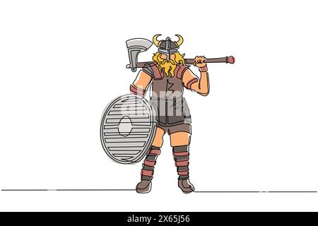 Linea singola continua che disegna il guerriero vichingo norseman barbaro che indossa un casco cornuto con barba che tiene l'ascia e scudo sulla schiena bianca isolata Illustrazione Vettoriale