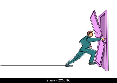 Una linea continua che disegna un uomo d'affari che perfora e distrugge la porta. Mostra come eliminare le barriere di accesso, superare le sfide e distruggere gli ostacoli Illustrazione Vettoriale