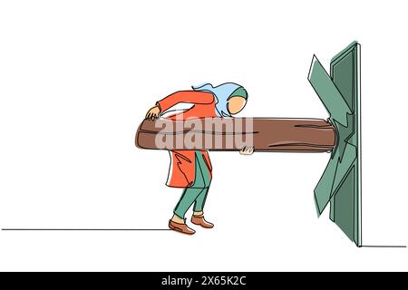 Una sola linea che disegna una donna d'affari araba che tiene un grande tronco e distrugge la porta. Supera le sfide e distruggi gli ostacoli con potenza e bruta Illustrazione Vettoriale