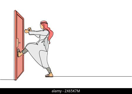 Una sola linea che disegna un uomo d'affari arabo si chiude la porta con la gamba. Affari e successo. Approccio aziendale aggressivo. Gli affari non riescono. Conti Illustrazione Vettoriale