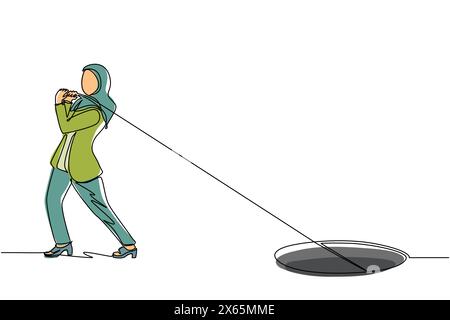 Linea singola continua che disegna una donna d'affari araba che prova a tirare la corda per trascinare qualcosa dal buco, dalla metafora ad affrontare un grosso problema. Business st Illustrazione Vettoriale