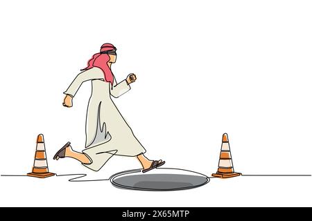 Una sola linea disegna un uomo d'affari arabo bendato che corre per trovare soldi con il buco della fossa. L'uomo corre alla trappola degli affari. Concetto di investimento cieco. Meta Illustrazione Vettoriale