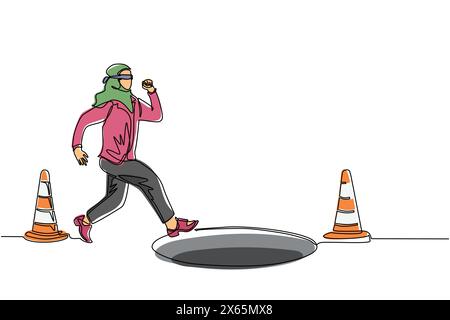 Una sola linea disegna una donna d'affari araba bendata che corre per trovare soldi con il buco della fossa. La donna corre alla trappola degli affari. Concetto di investimento cieco. Met Illustrazione Vettoriale
