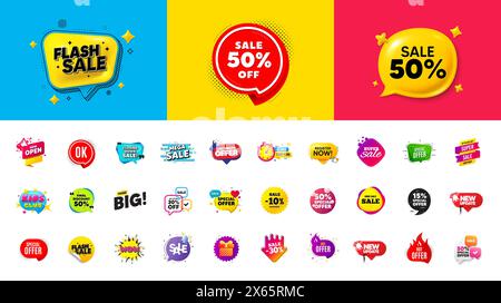 Banner con le migliori offerte di sconto. Adesivi per la vendita delle offerte sui prezzi. Etichette offerte speciali per il Black friday. Buono sconto flash. Vettore Illustrazione Vettoriale