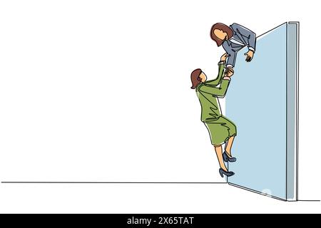 Una donna d'affari che disegna una linea continua che aiuta un'altra donna d'affari a scalare il muro. Una donna d'affari sicura di successo che aiuta un'altra Illustrazione Vettoriale