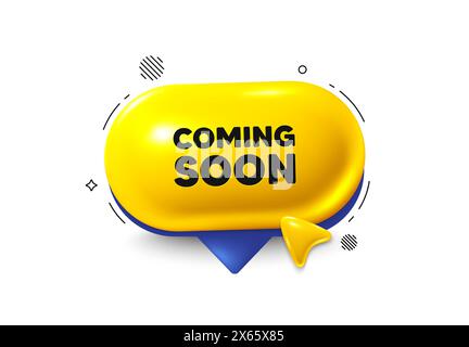 Presto disponibile. Insegna del banner promozionale. Offrire l'icona 3d con il fumetto vocale. Vettore Illustrazione Vettoriale