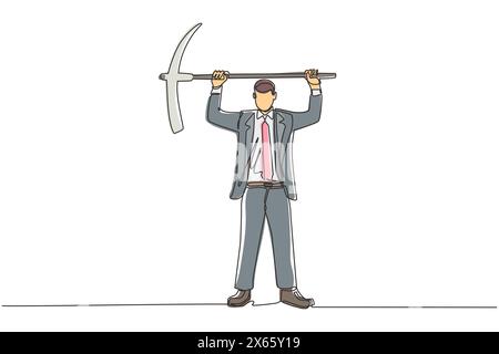 Una linea continua che attira un uomo d'affari in piedi e solleva una grande piccone. Concetto di business. Descrive duro lavoro, successo, successo e scoperta. Illustrazione Vettoriale