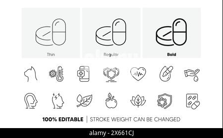 Icone di linea stress, Shields e Eye Drops. Per applicazioni Web, stampa. Icone di linea. Vettore Illustrazione Vettoriale