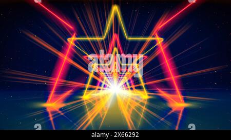 Movimento di volo attraverso la galleria di tunnel al neon, corridoio, stella. Sfondo geometrico astratto che vola nel ciberspazio. Arco al neon in oro giallo rosso Foto Stock