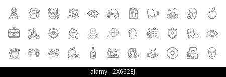 Eco bike, senza sole e icone di linea Health Eye. Per applicazioni Web, stampa. Icone di linea. Vettore Illustrazione Vettoriale