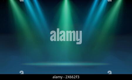 Sfondo con faretto verde blu. Palco illuminato con nebbia blu, fumo. Sfondo per la visualizzazione dei prodotti. Fasci luminosi di faretti, foschia, particelle Illustrazione Vettoriale
