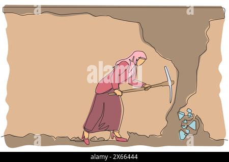 Una linea continua che disegna una donna d'affari araba che scava con piccone per ottenere diamanti. Lavoratore che scava e che estrae diamanti in un tunnel sotterraneo. Illustrazione Vettoriale