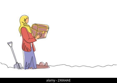Una linea continua che disegna una donna araba cacciatrice cercatore tiene il petto trova tesoro nel terreno. Donna d'affari eccitata con artefatti da gemme. Tesoro dell'oro Illustrazione Vettoriale