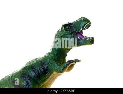 Vivace riproduzione giocattolo di un tyrannosaurus rex, isolato su sfondo bianco. Foto Stock