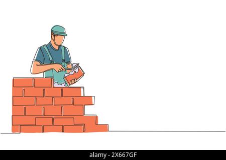 Una linea continua che disegna il riparatore costruendo un muro in mattoni. Operaio edile in uniforme e casco che lavora. Concetto costruttore. Servizi di riparazione Illustrazione Vettoriale