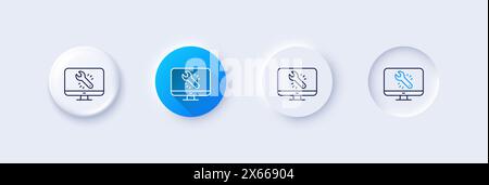 Icona della linea degli attrezzi per chiave. Segnale di servizio di riparazione del monitor o del computer. Icone di linea. Vettore Illustrazione Vettoriale